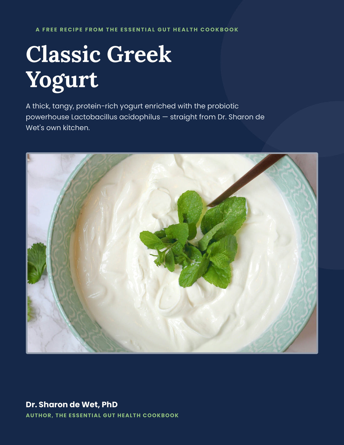 Thick Greek yogurt topped with fresh mint in a teal patterned bowl