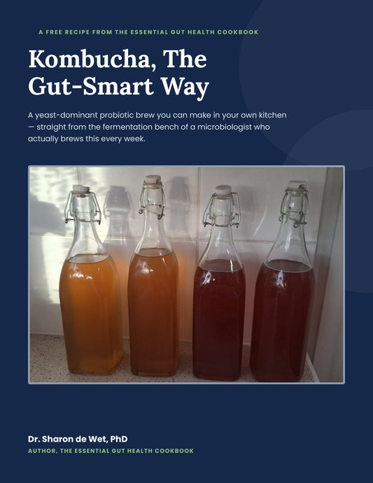 Four bottles of home-brewed kombucha in varying shades of amber to deep red, on a navy cover matching the rest of the recipe series