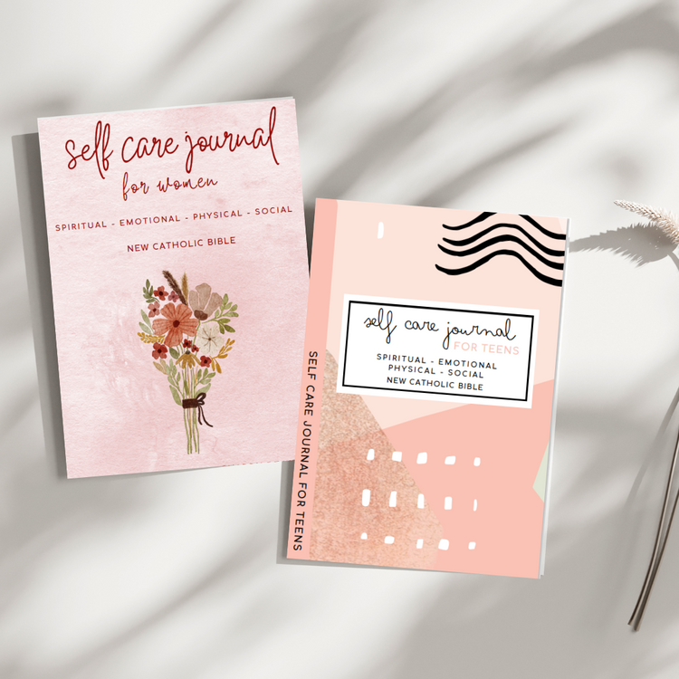 Self-care journal bundle with two matching paperback journals for mother and daughter featuring uplifting Bible verses from the NEW CATHOLIC BIBLE, designed to support faith, gratitude, and personal reflection.