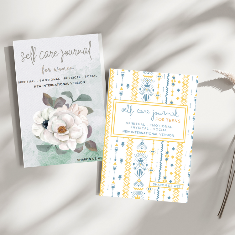Self-care journal bundle including two matching paperback journals for mother and daughter with encouraging Bible verses from the NEW INTERNATIONAL VERSION (NIV), created to inspire faith, mindfulness, and emotional connection.