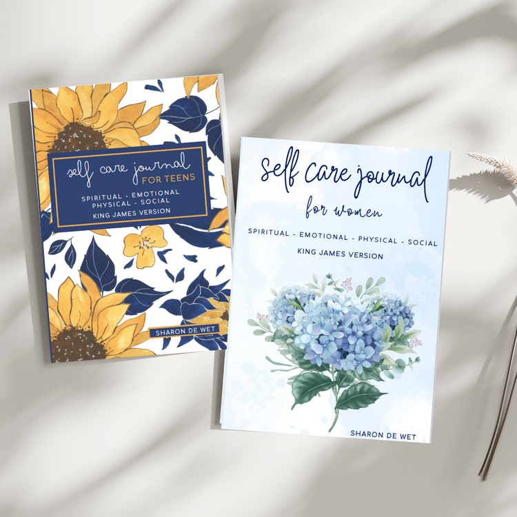 Self-care journal bundle featuring two matching paperback journals for mother and daughter with inspirational Bible verses from the King James Version (KJV), designed to encourage faith, reflection, and emotional well-being.