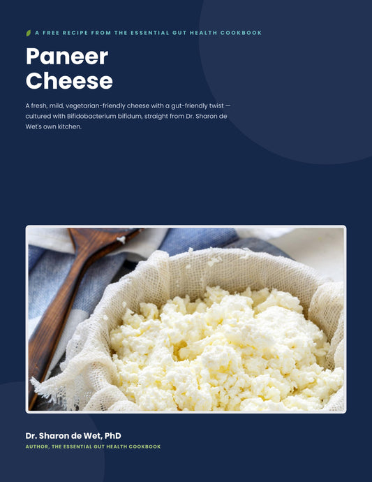 Cover of the Paneer Cheese free recipe guide by Dr. Sharon de Wet, showing fresh paneer curds draining in cheesecloth