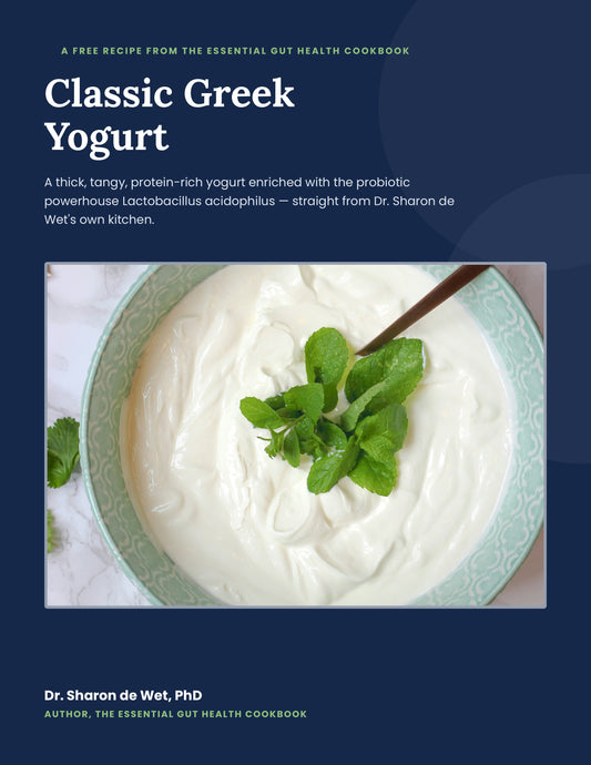 Cover of the Classic Greek Yogurt free recipe guide by Dr. Sharon de Wet, showing thick Greek yogurt topped with fresh mint in a teal patterned bowl